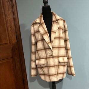 Elegant Plaid Women's Blazer - Cream and Brown